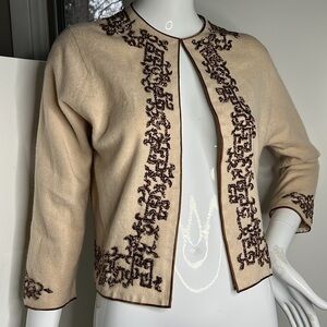 Eagle Sz S Beige Lambswool Brown Beaded Cardigan Sweater Silk Lined
